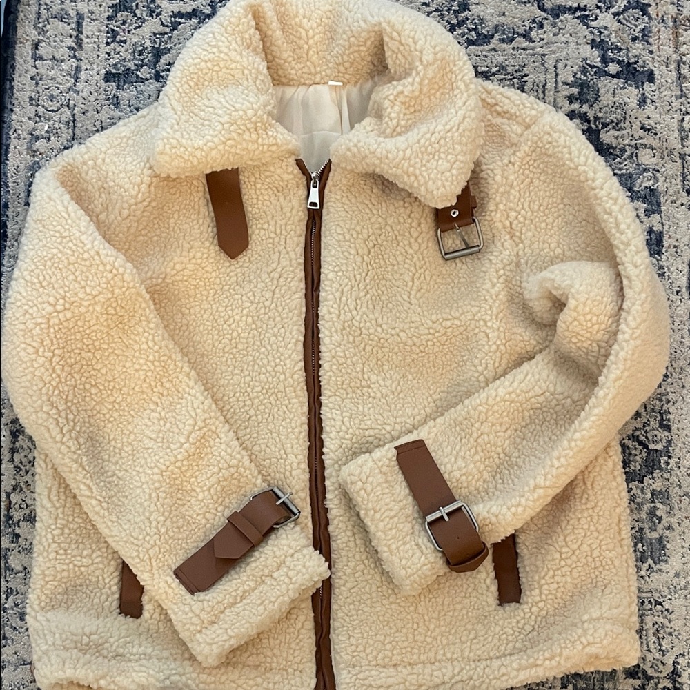 Cream Sherpa Jacket with Brown Accents